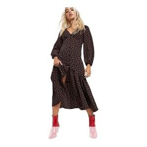 NWT Topshop Long Sleeve Button Front Rose Floral Tiered Midi Dress in Black